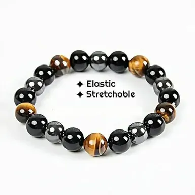 Bracelet  Natural Tiger Eye | Hematite & Black Obsidian Healing Gemstone Beads | Unisex Crystal Bracelet for Luck | Energy & Prosperity thumbnail 4