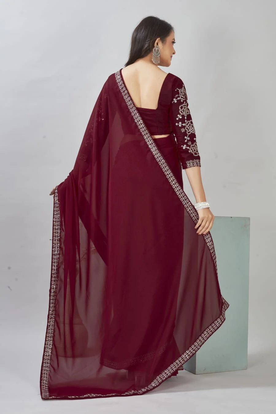 Maroon Embroidered Chiffon Saree Blouse Piece | Wedding Festival Wear image 2