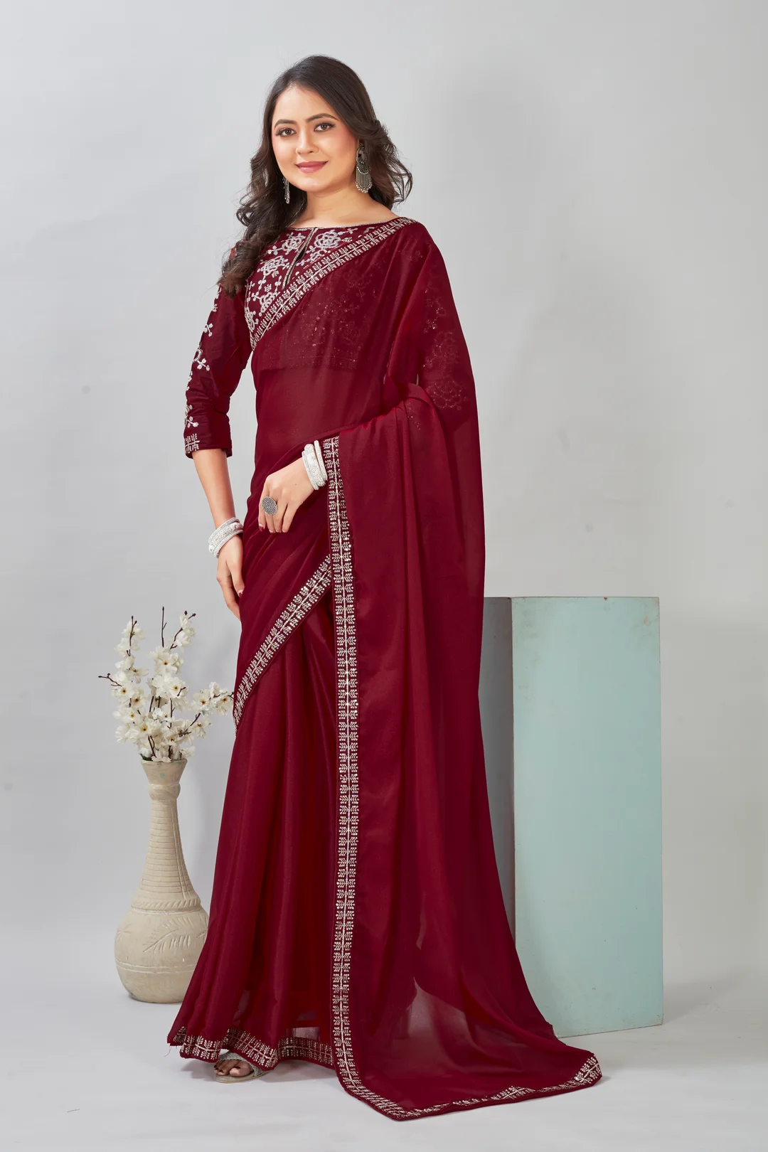 Maroon Embroidered Chiffon Saree Blouse Piece | Wedding Festival Wear image 3