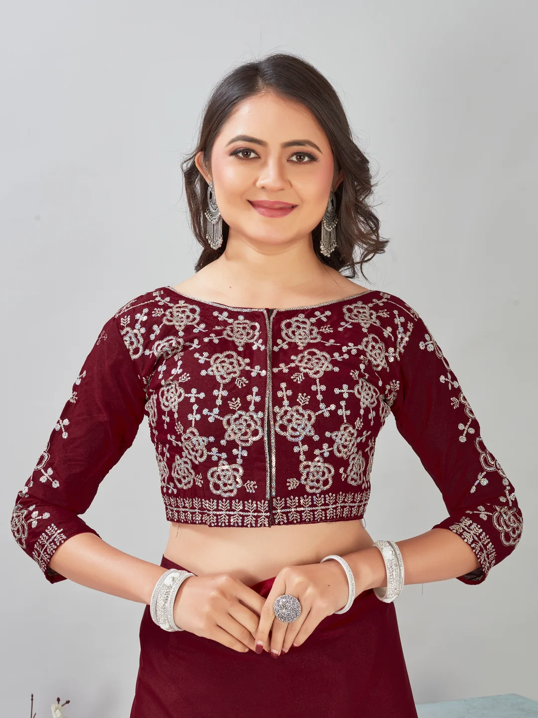 Maroon Embroidered Chiffon Saree Blouse Piece | Wedding Festival Wear image 4