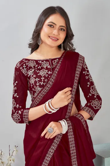 Maroon Embroidered Chiffon Saree Blouse Piece | Wedding Festival Wear thumbnail 0
