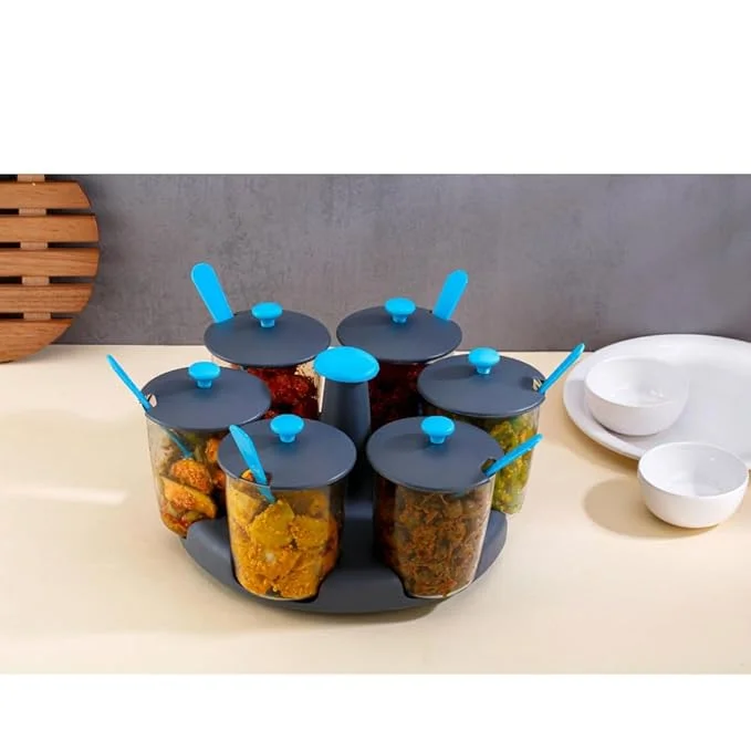 60° Revolving Pickle Jar Set 6 Pcs | Dining Table Pickle Stand | Achar Container with Rotating Base image 2