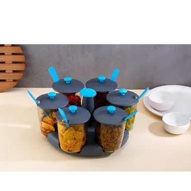 60° Revolving Pickle Jar Set 6 Pcs | Dining Table Pickle Stand | Achar Container with Rotating Base  thumbnail 1