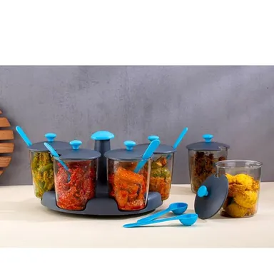 60° Revolving Pickle Jar Set 6 Pcs | Dining Table Pickle Stand | Achar Container with Rotating Base  thumbnail 2