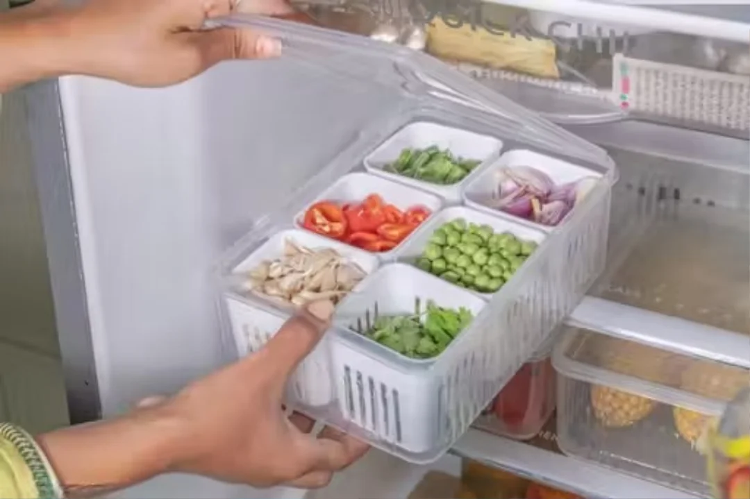 Kitchen Spring Onion Storage Box 6-in-1 | Multipurpose Plastic Food Storage | Container for Ginger Garlic Onions Cherries Vegetables image 1