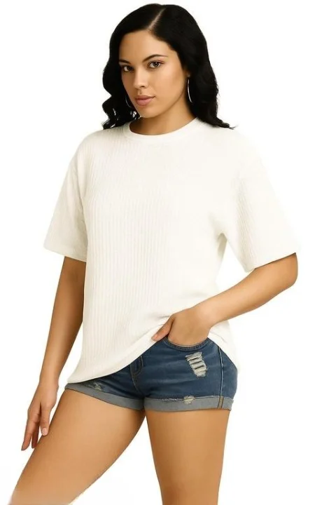 Elegant Women's White Waffle Knit Down Shoulder T-Shirt | Size S | Casual Summer Top | Soft Knit Shirt for Women image 1