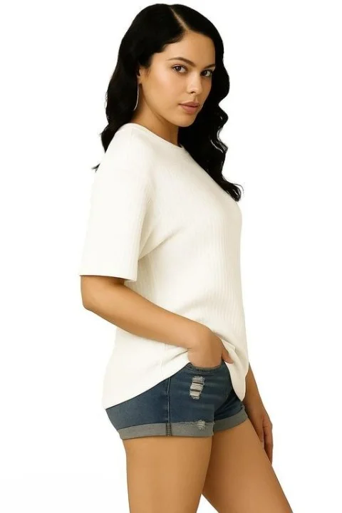Women’s White Waffle Knit Down Shoulder T-Shirt | Soft Cotton | Lightweight Summer Top for Casual Wear | Size M image 3