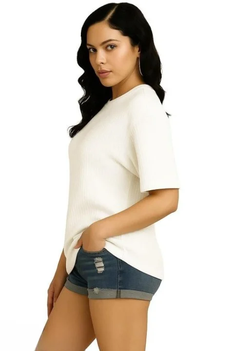 Elegant Women’s White Waffle Knit Down Shoulder T-Shirt | XL Size | Casual Summer Top | Soft Knit Shirt for Women image 2