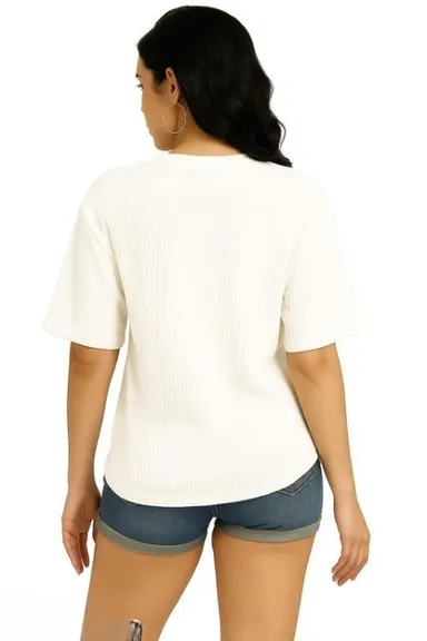 Elegant Women’s White Waffle Knit Down Shoulder T-Shirt | XL Size | Casual Summer Top | Soft Knit Shirt for Women thumbnail 3