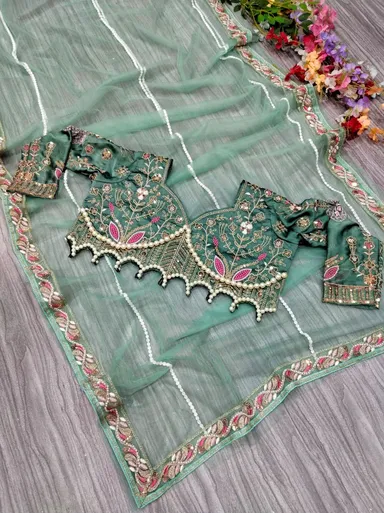 Elegant Green Embroidered Saree with Pearl and Net Detailing | Party Wear Women’s Festive Saree thumbnail 0