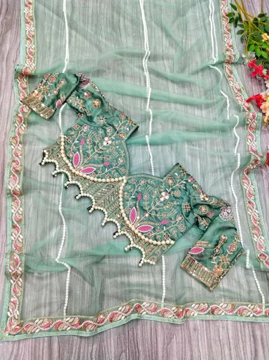 Elegant Green Embroidered Saree with Pearl and Net Detailing | Party Wear Women’s Festive Saree thumbnail 3