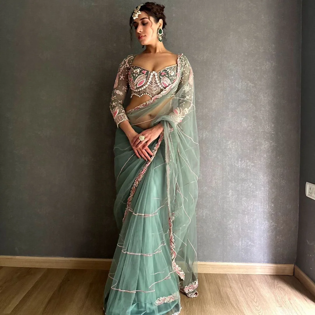 Elegant Green Embroidered Saree with Pearl and Net Detailing | Party Wear Women’s Festive Saree image 3