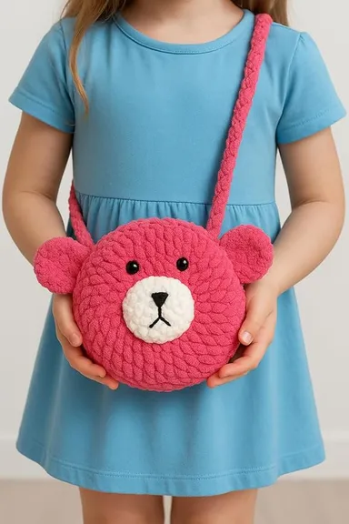 Ganga Handmade Woolen Crochet Purse for Girls |Teddy Style Sling Bag | Small Cute Wool Handbag |D-Pink | Gift Ready thumbnail 1