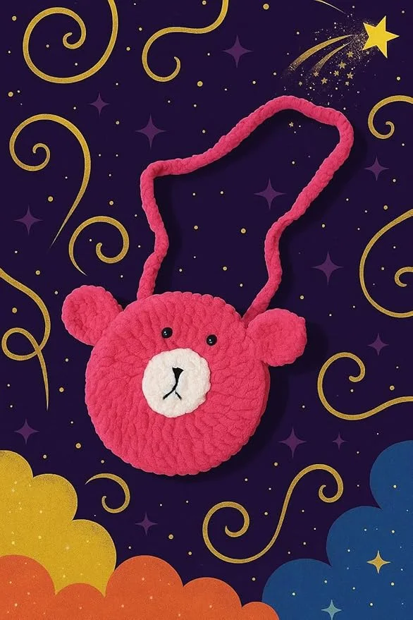 Ganga Handmade Woolen Crochet Purse for Girls |Teddy Style Sling Bag | Small Cute Wool Handbag |D-Pink | Gift Ready image 3