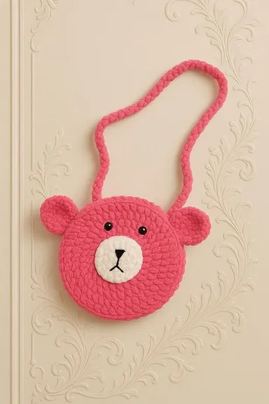 Ganga Handmade Woolen Crochet Purse for Girls |Teddy Style Sling Bag | Small Cute Wool Handbag |D-Pink | Gift Ready thumbnail 3