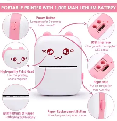 Mini Bluetooth Inkless Thermal Pocket Printer for iOS & Android | Rechargeable Portable Label, Receipt & Photo Printer – Pink thumbnail 2
