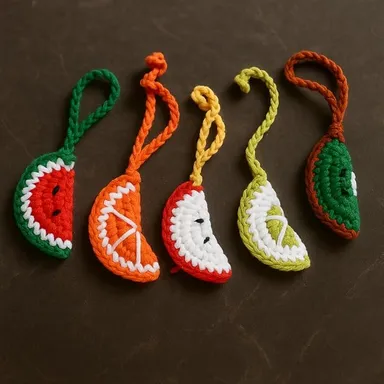 Handmade Crochet Bag Charms| Fruit Slice Design |Pack of 5| Cute Gift for Girls | Assorted Colors thumbnail 1