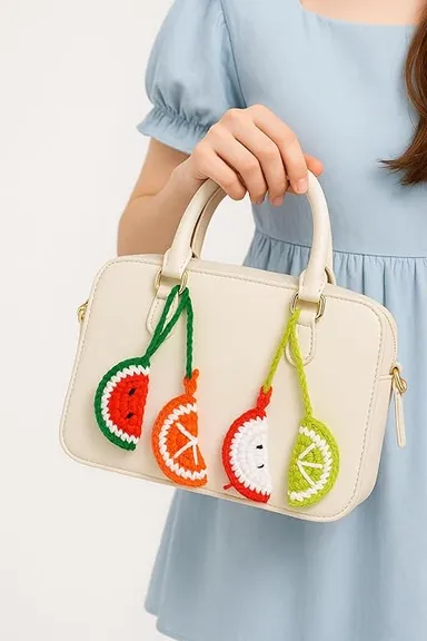 Handmade Crochet Bag Charms| Fruit Slice Design |Pack of 5| Cute Gift for Girls | Assorted Colors thumbnail 2
