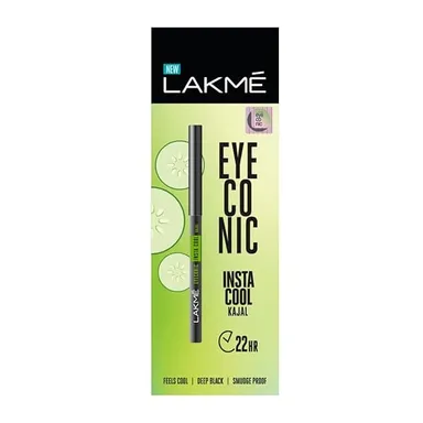 LAKMÉ Eyeconic Insta Cool Pencil Kajal | Glossy Black | 0.35g | Long-Lasting, Smudge-Proof Eye Makeup