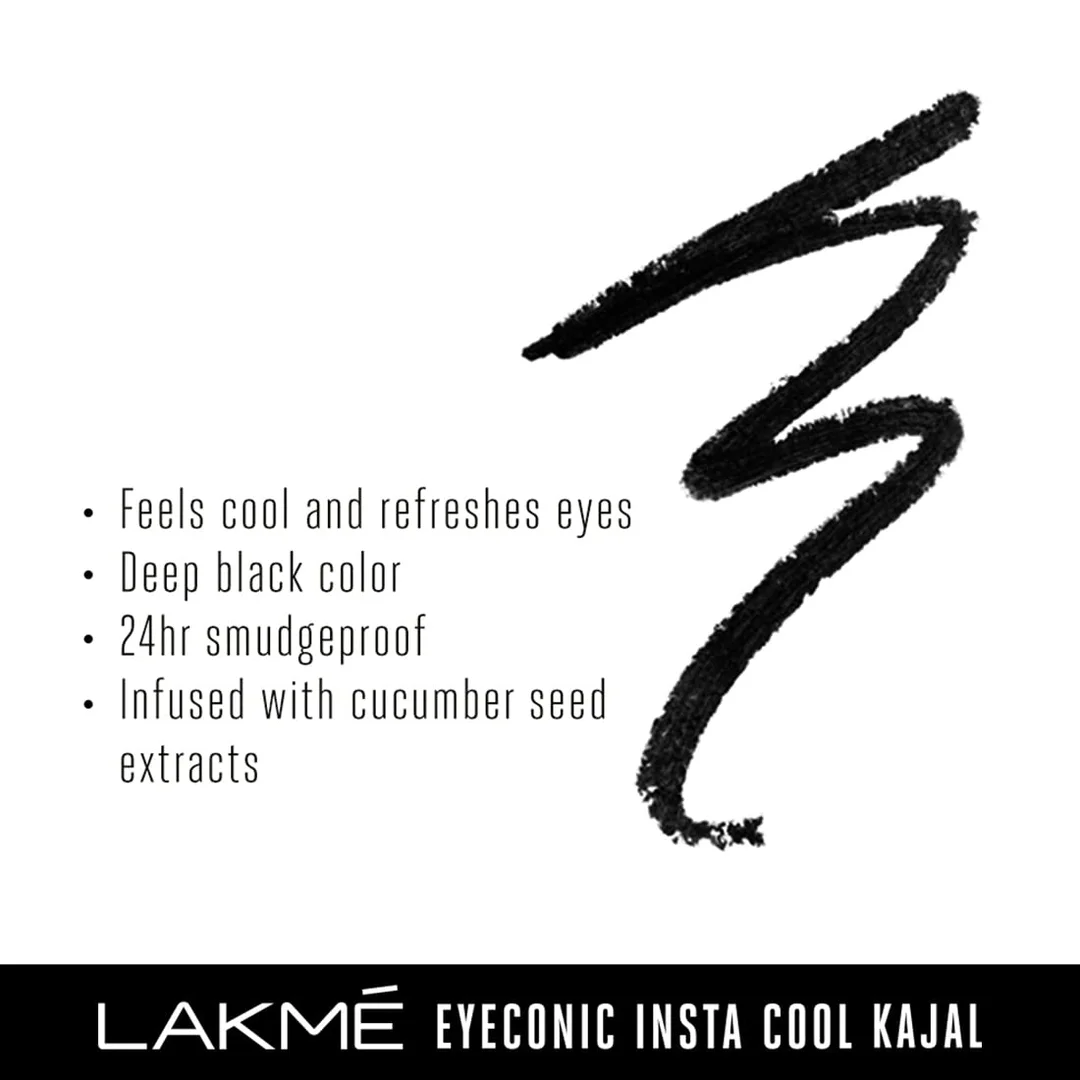 LAKMÉ Eyeconic Insta Cool Pencil Kajal | Glossy Black | 0.35g | Long-Lasting, Smudge-Proof Eye Makeup image 5