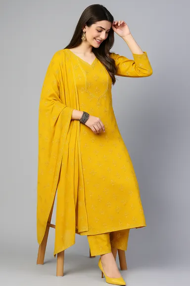 Women Cotton Blend Kurti Suit | Yellow Printed Ethnic Wear | Stylish Casual & Festive Outfit for Women | Comfortable Office & Party Wear thumbnail 0