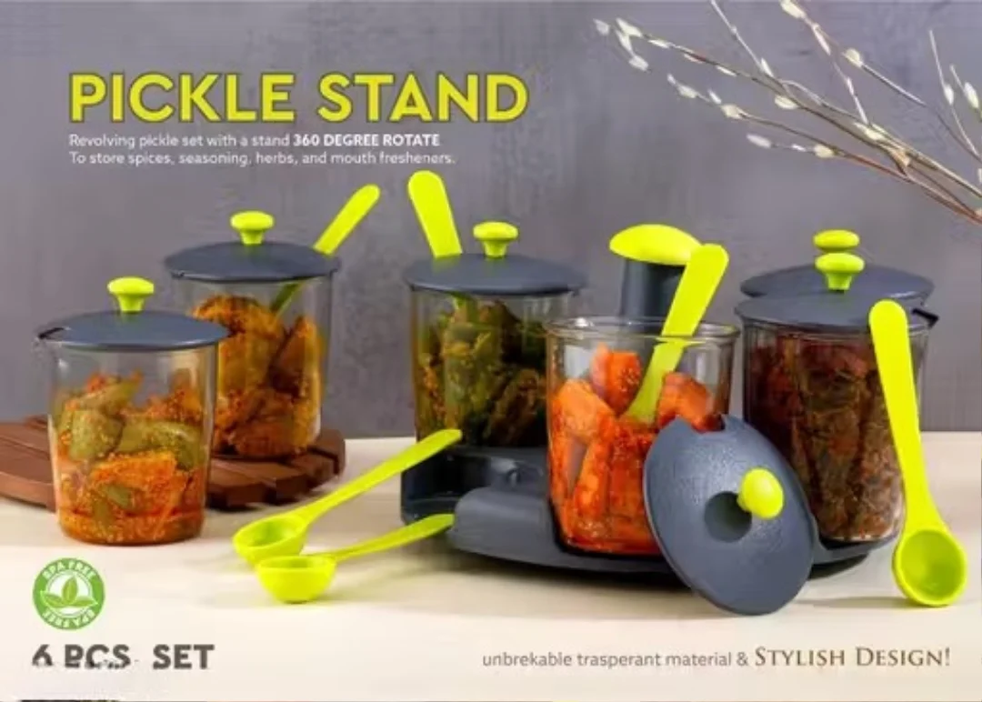 60 Degree Revolving Pickle Jar Set for Dining Table 6 Pcs | Plastic Achar Stand with Pickle Containers | Kitchen Pickle Stand & Spice Organizer image 3