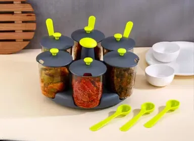60 Degree Revolving Pickle Jar Set for Dining Table 6 Pcs | Plastic Achar Stand with Pickle Containers | Kitchen Pickle Stand & Spice Organizer thumbnail 0