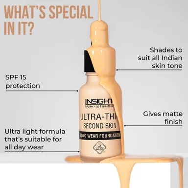 Insight Cosmetics Ultra‑Thin Second Skin Liquid Matte Foundation 20 ml | Long Wear Full Coverage | Lightweight Matte Foundation for Skin Tone Warm Nude thumbnail 1