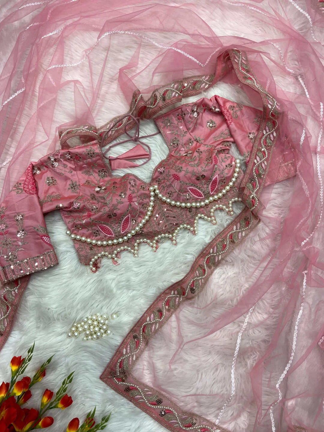 Elegant Threads Pink Embroidered Saree | Pearl Net | Wedding Party Wear image 3