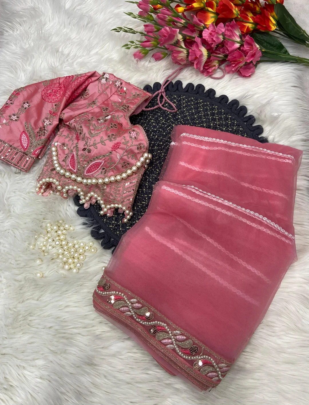 Elegant Threads Pink Embroidered Saree | Pearl Net | Wedding Party Wear image 1