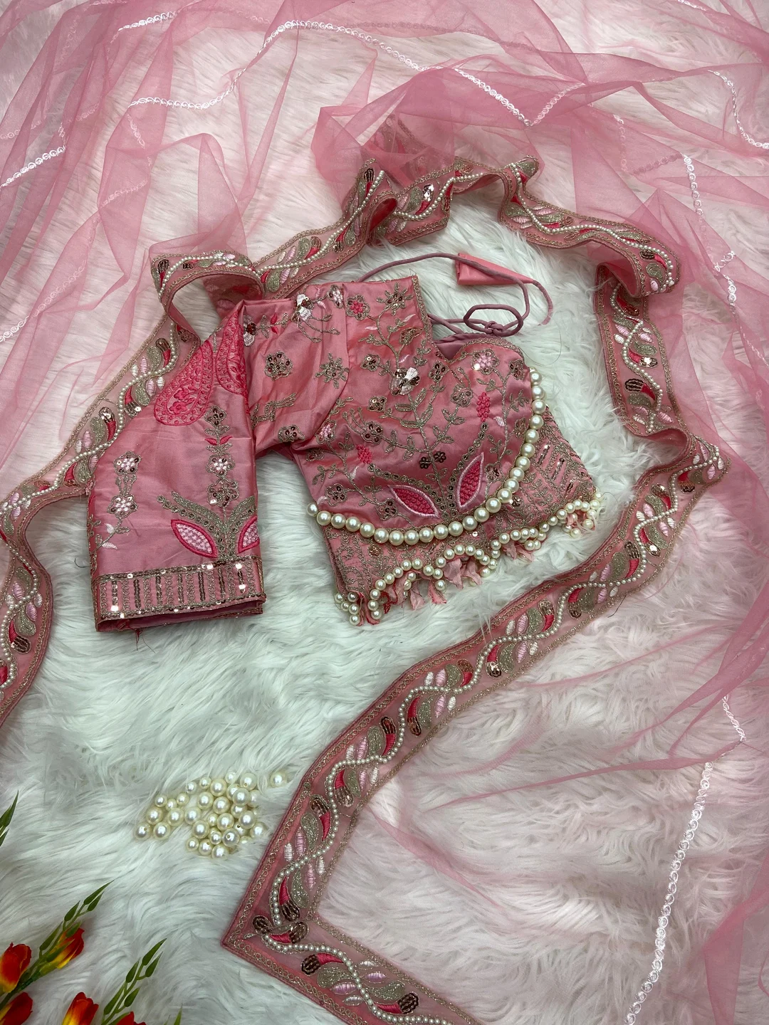 Elegant Threads Pink Embroidered Saree | Pearl Net | Wedding Party Wear image 4