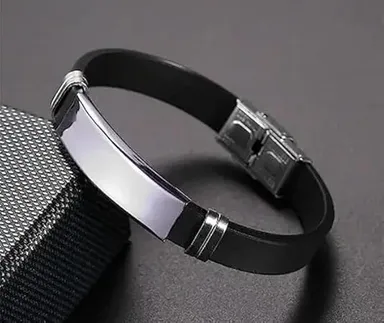Luxuarylook Black Leather Bracelet for Men | Stainless Steel Metal Bracelet | Smooth Finish | Casual Stylish Gift for Boyfriend Husband | Valentine Anniversary Birthday thumbnail 1