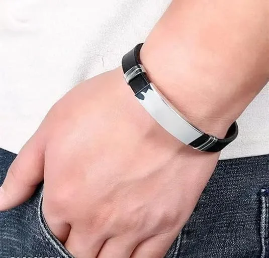 Luxuarylook Black Leather Bracelet for Men | Stainless Steel Metal Bracelet | Smooth Finish | Casual Stylish Gift for Boyfriend Husband | Valentine Anniversary Birthday image 5