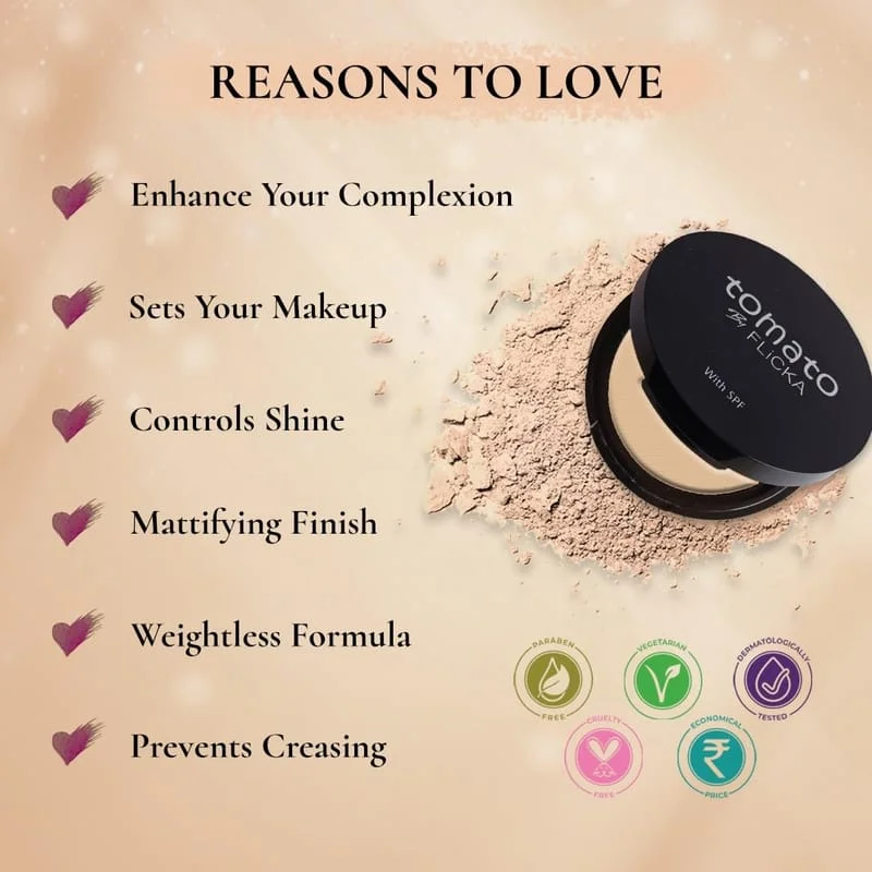 FLiCKA Tomato Compact Powder | Oil-Free, Matte Finish, Lightweight | SPF Enriched |9g | For All Skin Types | Long-Lasting image 3