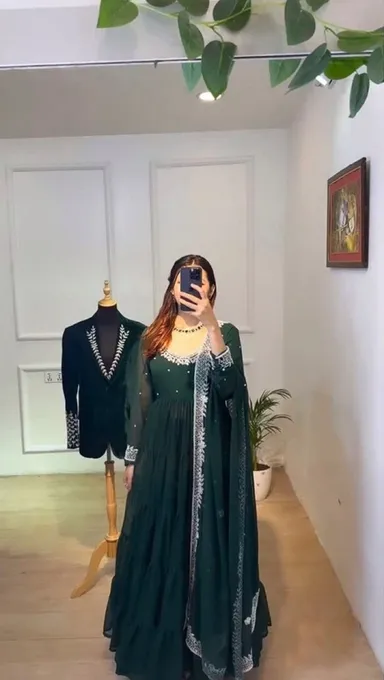 Emerald Green Hand‑Embroidered Georgette Anarkali Suit XL Size | Party & Festive Wedding Dress Women thumbnail 1