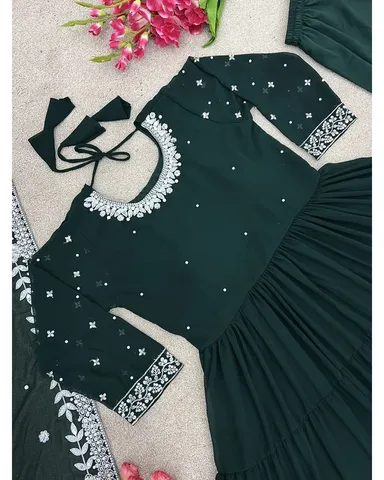 Emerald Green Hand‑Embroidered Georgette Anarkali Suit XL Size | Party & Festive Wedding Dress Women thumbnail 2