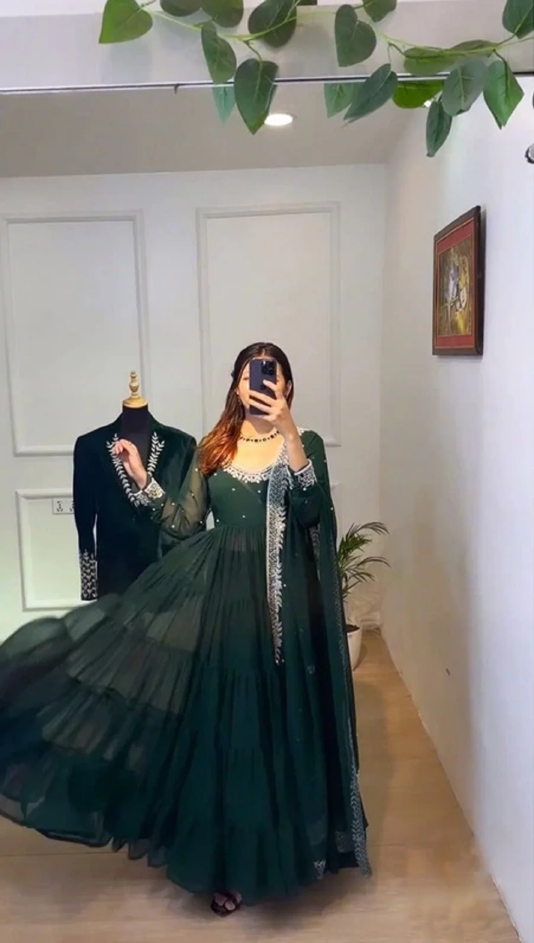 Emerald Green Georgette Anarkali Suit | Hand-EmbroideredElegant Party Wear | XXL Size Women’s Festive Dress image 1
