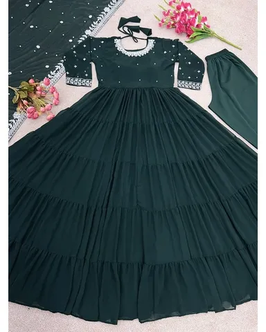 Emerald Green Georgette Anarkali Suit | Hand-EmbroideredElegant Party Wear | XXL Size Women’s Festive Dress thumbnail 3