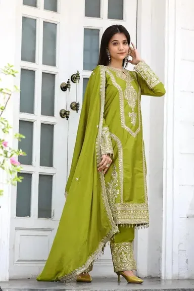 Emerald Radiance XL Embroidered Anarkali Dress | Georgette Party Wear Outfit thumbnail 1