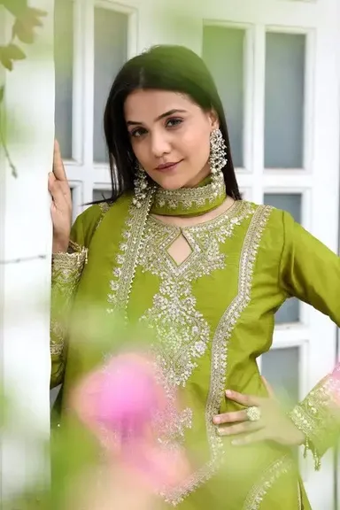 Emerald Radiance XL Embroidered Anarkali Dress | Georgette Party Wear Outfit thumbnail 2