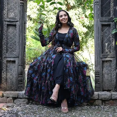 Fancy Floral Print Georgette Shrug With Maxi | Size S Designer Women Party Wear Lightweight thumbnail 1