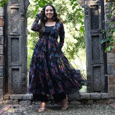 Fancy Floral Print Georgette Shrug With Maxi M Size | Designer Women Party Wear Lightweight Summer Collection thumbnail 0