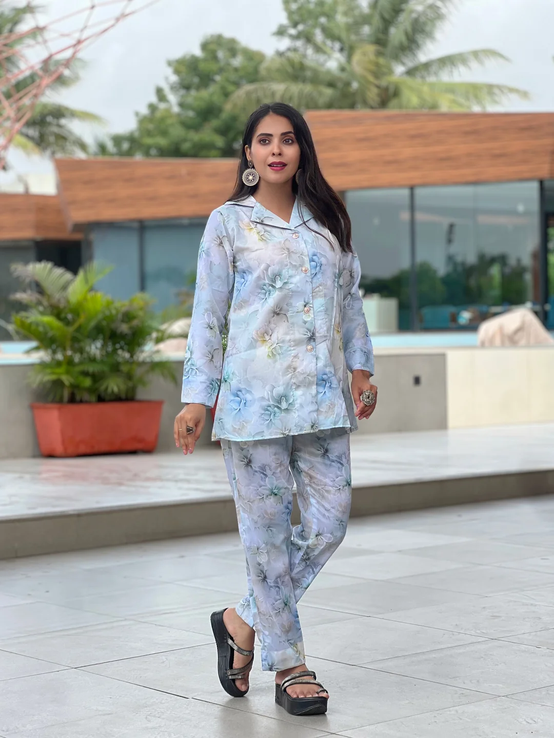 Two-Piece Floral Co-ord Set with Collar Shirt | Casual & Stylish Matching Shirt and Pants Set | Cotton Blend Co-ord for Women | Large Size image 1