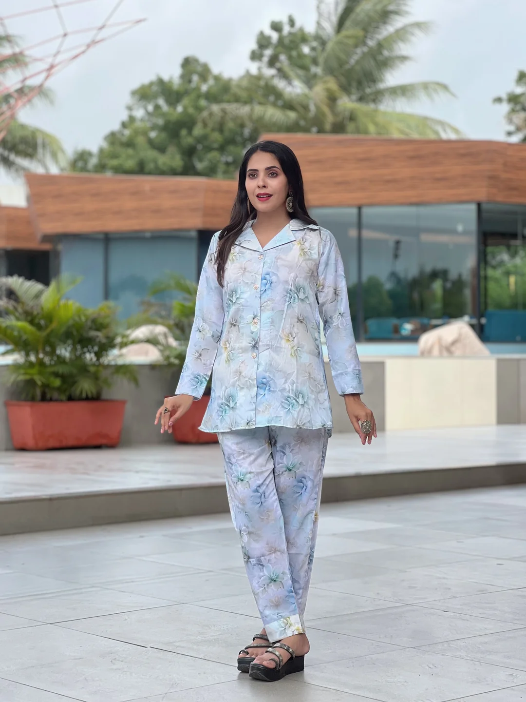 Two-Piece Floral Co-ord Set with Collar Shirt | Casual & Stylish Matching Shirt and Pants Set | Cotton Blend Co-ord for Women | Large Size image 2