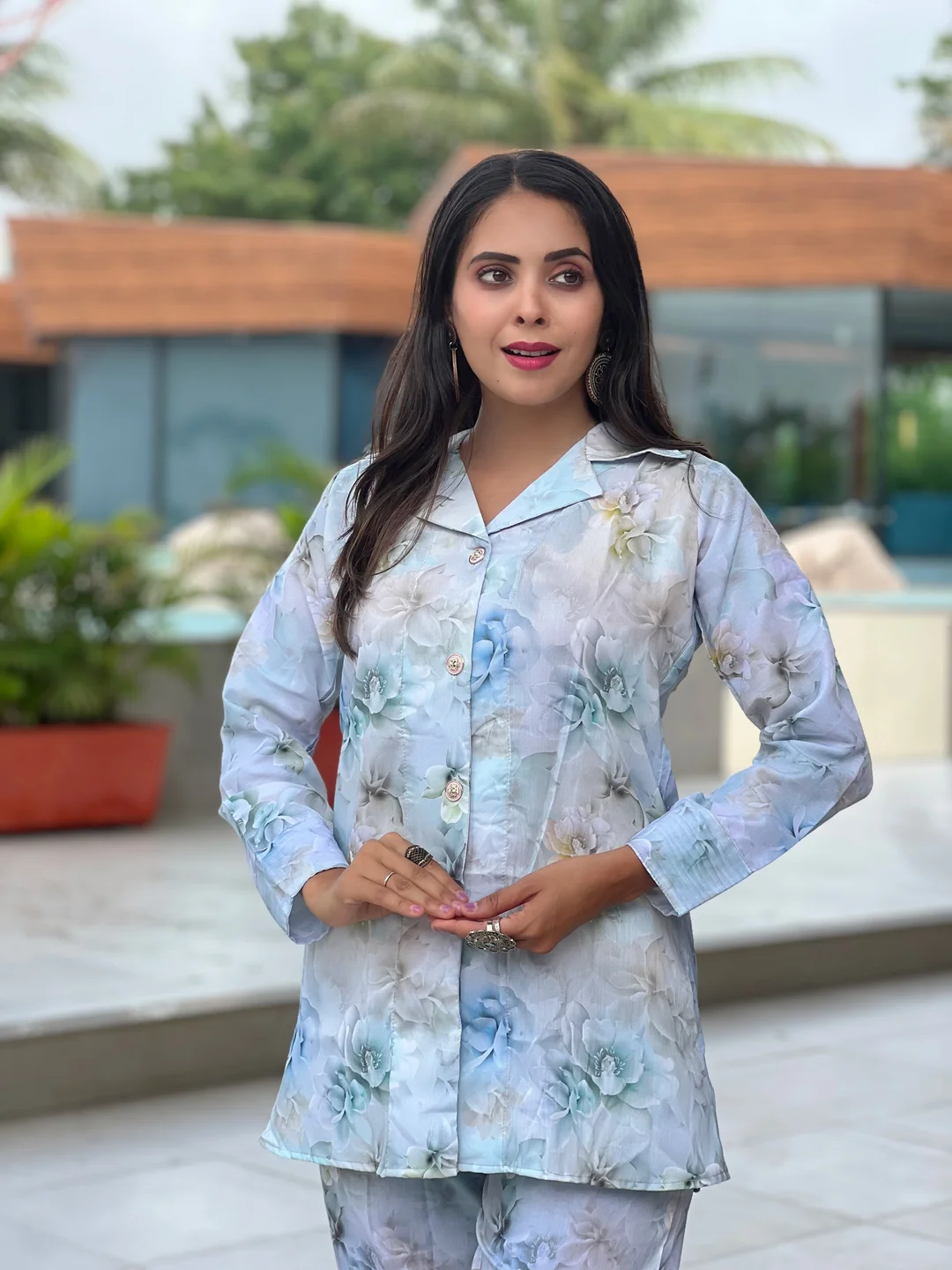 Two-Piece Floral Co-ord Set with Collar Shirt | Casual & Stylish Matching Shirt and Pants Set | Cotton Blend Co-ord for Women | Large Size image 3