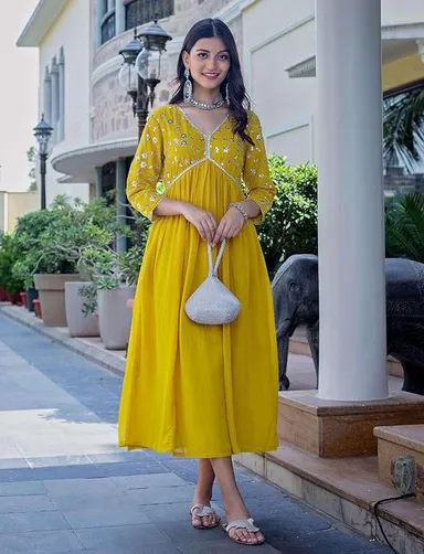 Women’s Rayon Embroidery Work Georgette Fit & Flare Dress Yellow M | Party Wear | Ethnic Kurta Style thumbnail 0