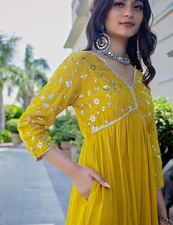 Women’s Rayon Embroidery Work Georgette Fit & Flare Dress Yellow M | Party Wear | Ethnic Kurta Style image 2
