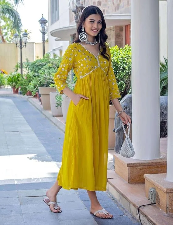 Women’s Rayon Embroidery Work Georgette Fit & Flare Dress Yellow M | Party Wear | Ethnic Kurta Style image 3