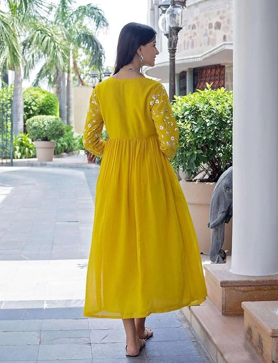 Women’s Rayon Embroidery Work Georgette Fit & Flare Dress Yellow M | Party Wear | Ethnic Kurta Style image 4