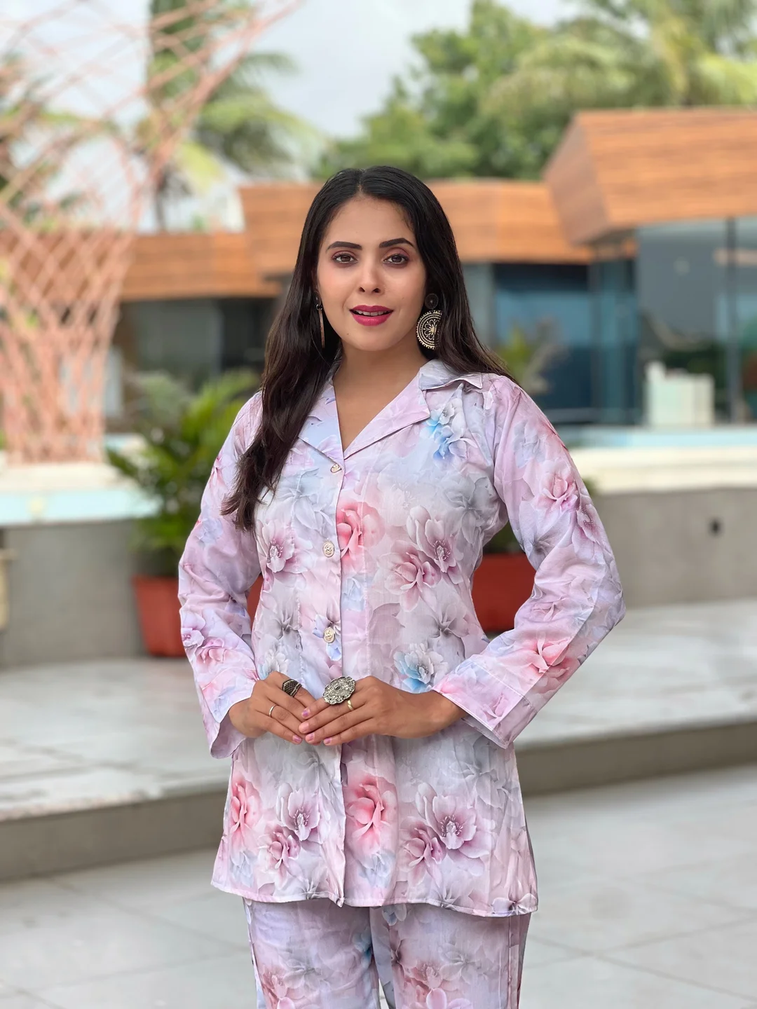 Two-Piece Floral Co-ord Set | Pastel Pink | Collar Shirt & Pants | XL Floral Coord for Women | Stylish Loungewear Set | Summer Festive Wear image 2